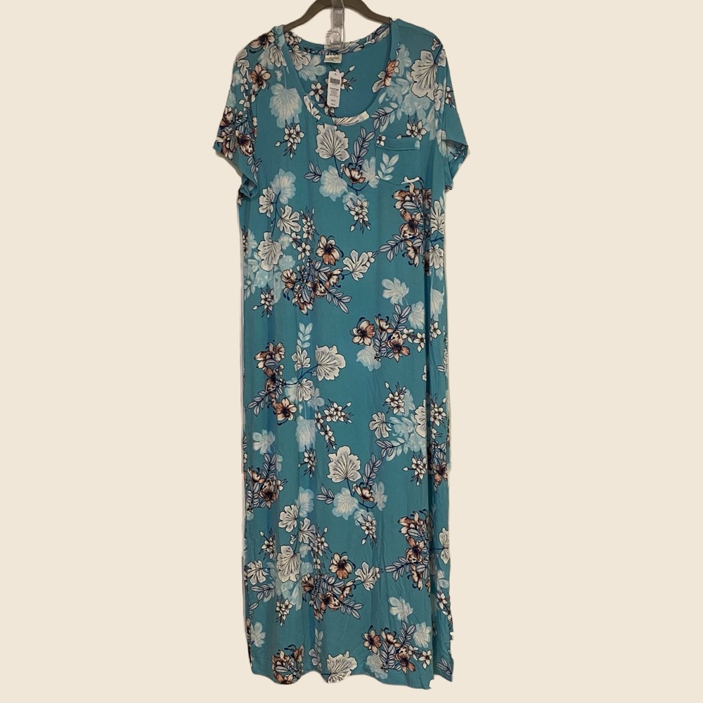 Soma XL Cool Nights Long Sleepshirt SS - Teal Floral Nightgown 93% Rayon